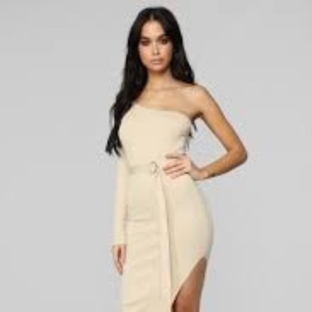 Above The Basics One Shoulder Sweater Dress - Taupe
